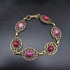 Red Pink Faux Star Ruby Bracelet Brass Filigree Links Vintage Costume Jewelry