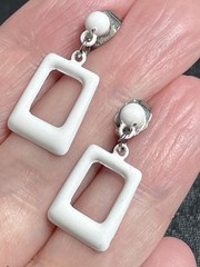Vintage Small White Enameled Metal Dangle Earrings