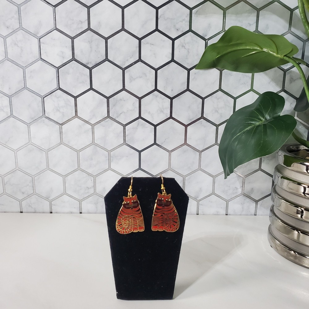 Vintage Laurel Burch Red Shambala Cat Gold Tone Enamel Dangle Hook Earrings