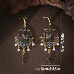 Vintage European Painted Bird Floral Enamel Drop Earrings Pearl Gold Victorian