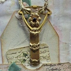 Vintage 12k Gold Filled Pocket Watch Chain Mesh Necklace FOB, Dog Clip, Red Gem