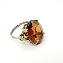 Vintage Cocktail Ring Faux Topaz Faceted Glass Brown Oval Stone Boho Chic Sz 6.5