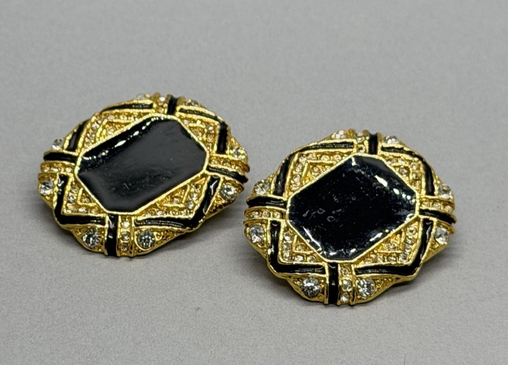 Vintage Gold Tone Black Enamel Center Clear Rhinestone Panel Design Clip On