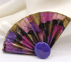 Purple Hue Art Paper Fan Brooch Pin Artist Signed Acrylic Glaze Origami Style