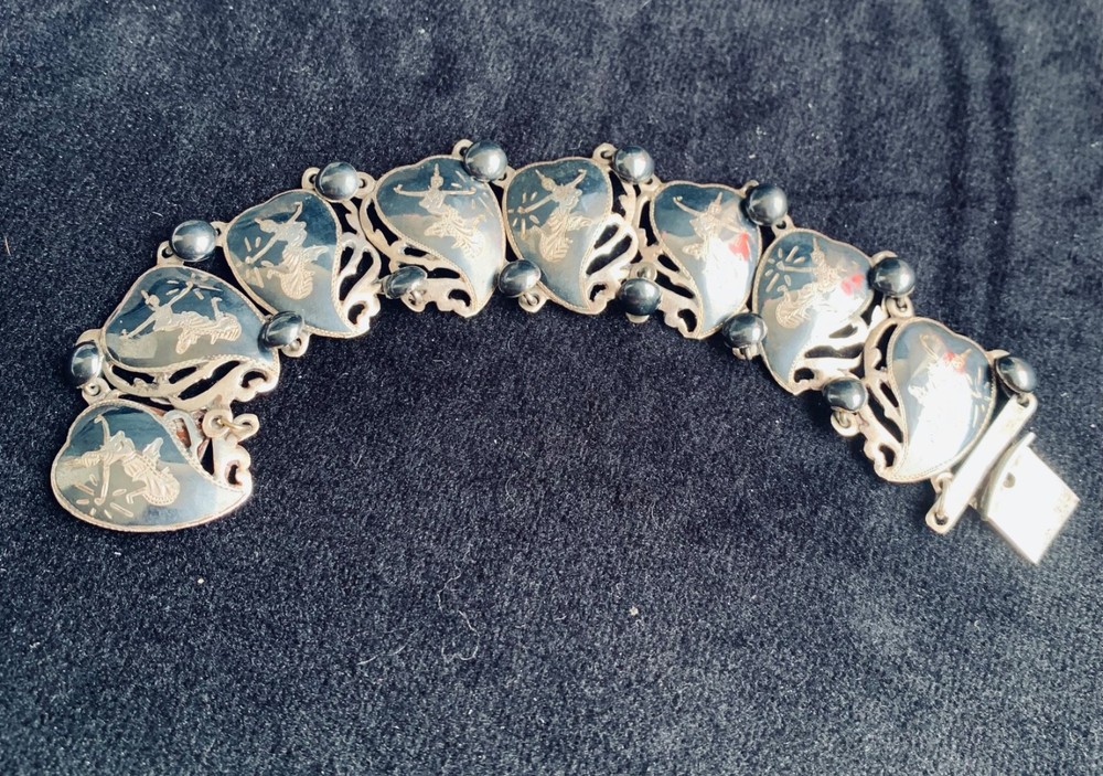 Vintage Siam Sterling Silver Niello Bracelet Thai Goddess Dancers Panel 7”; 22g