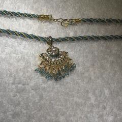 Vintage Indian Style, Gold, Toned Pendant necklace, Twisted Teal Silk Dori Cord
