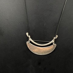 VTG Black Cord Geometric Crescent Pendant Necklace Silver Tone