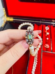 Antique 24″ Pearl Necklace, 18k Diamond Emerald Clasp, Spain Estate, 8 Diamonds
