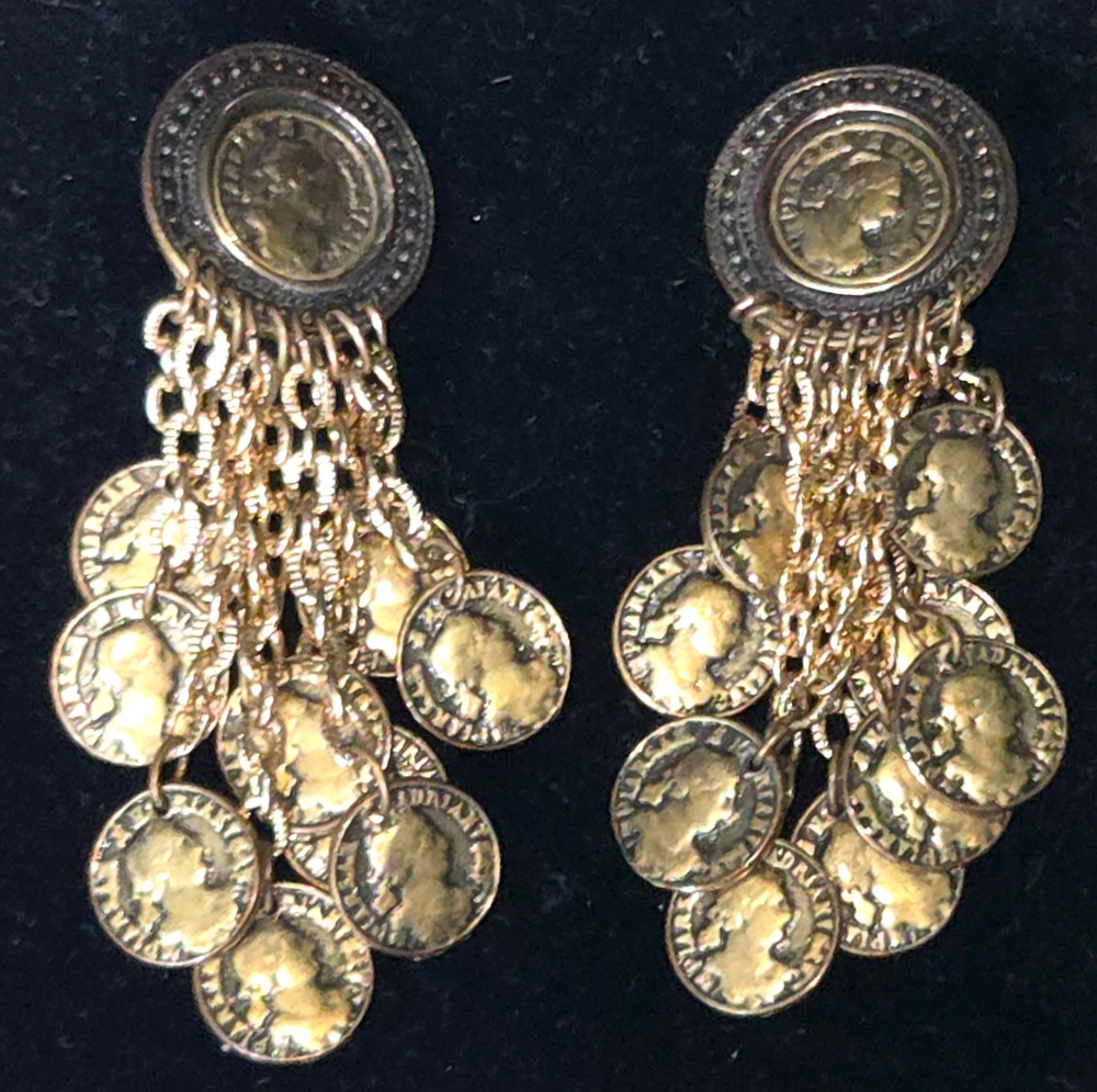 Vintage Signed BLANCA Runway Clip Long Drop Gold Tone Round Faux Coins Etruscan