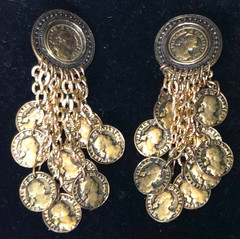 Vintage Signed BLANCA Runway Clip Long Drop Gold Tone Round Faux Coins Etruscan