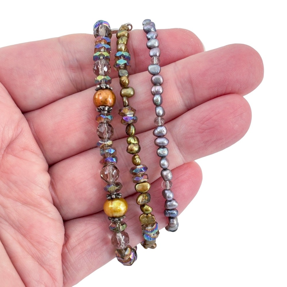 Vintage Sterling Silver 925 Multi Strand Pearl Iridescent Glass Bracelet 7.25″