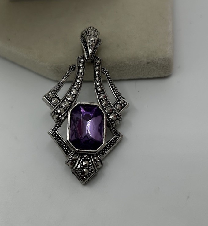 Vtg Avon 1994 Art Deco Faux Amethyst Marcasite Pendant SilverTone