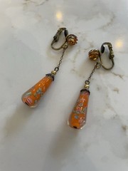 Vintage Venetian Art Glass Dangle Earrings Orange Floral Hinged Clip NonPierced