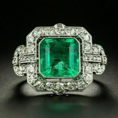 Art Deco Green Bezel Set Square Emerald & Lab Created Diamond 925 Silver Ring