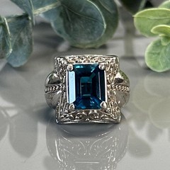 London Blue Topaz Sterling Silver Statement Ring-Emerald Cut Gemstone- Size 6.25