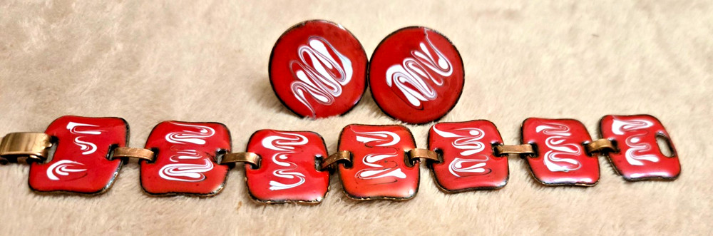 Vintage Copper Red and White Enamel Bracelet Earrings Set
