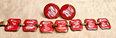 Vintage Copper Red and White Enamel Bracelet Earrings Set