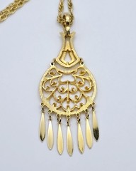 Vintage Gold Tone Chandelier Fringe Pendant Statement Necklace Boho 1970s