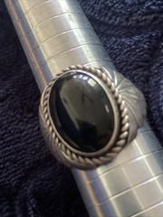 Vintage Navajo Sterling Silver Oval Cabochon Onyx Ring Size 11.25 Signed B