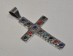 Vintage Artisan Coral Lapis Onyx Sterling Silver .925 Cross Pendant – 9.6 grams