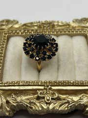 Vintage Black Rhinestone Dome Cocktail Ring Adjustable Size 6.5 Gold Tone