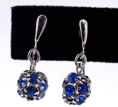Vintage Trifari Silver-Tone Blue Rhinestone Crystal Clip On Lever Back Earrings