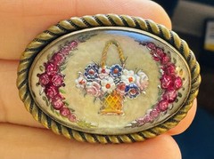 Antique Goofus Glass Reverse Painted Flower Basket Pin Brooch Vintage