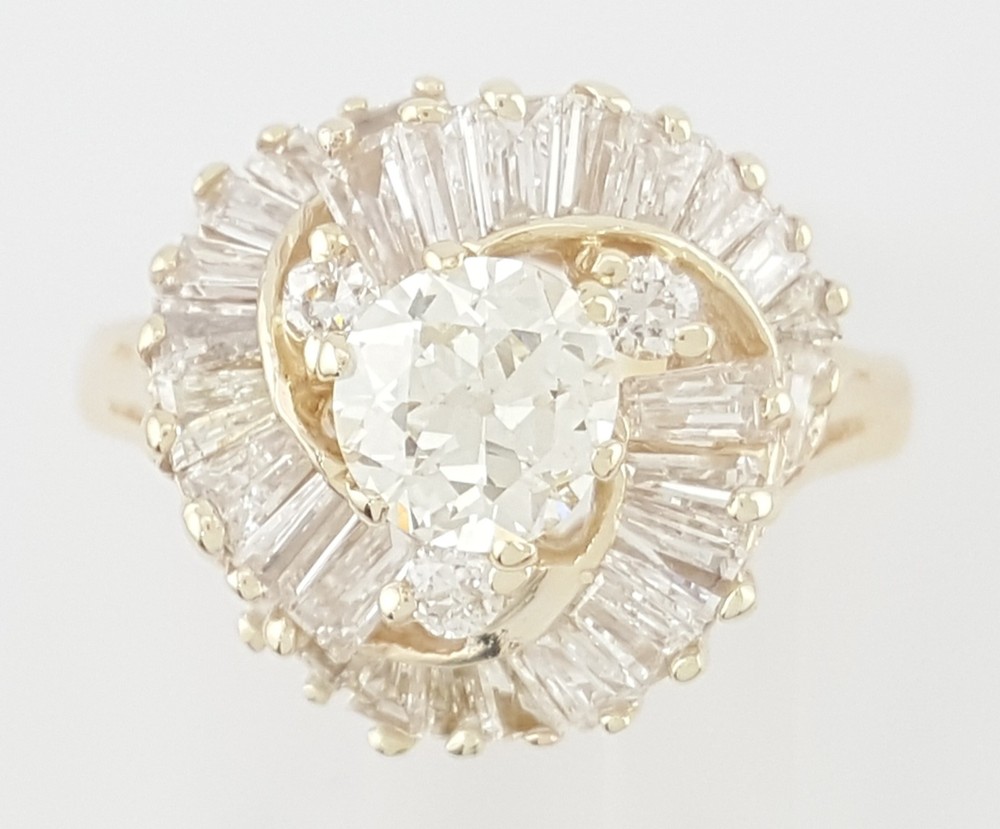Antique Old European Cut Diamond Ballerina Ring 1.74 ct 14K Gold