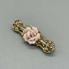 Vintage Brooch Women Pink Porcelain Rose Gold Tone Filigree Bar Pin 2.25 Inch