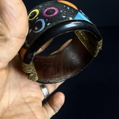 Vintage Mid Century Modern Atomic Cosmic Bangle Cuff Bracelet Inlays Brass