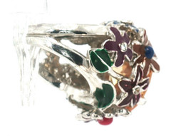 Vintage Floral Cocktail Ring Yellow Faceted Stone Multicolor Enamel Adjustable