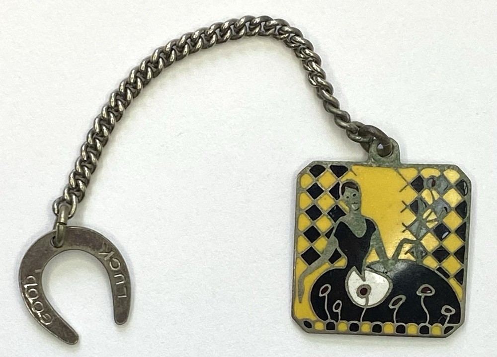 Art Deco Enamel Metal Fob Chain Charm Good Luck Horseshoe Flapper Woman Yellow