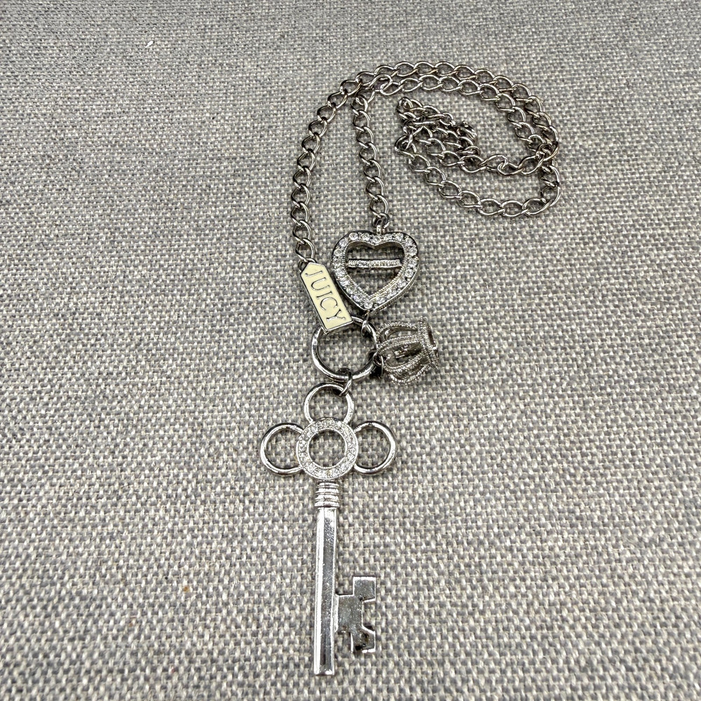 Vintage Juicy Couture Charm Necklace Silver Tone Key Heart Crown Enamel Tag