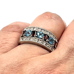VTG Ring Sz 7 Blue Topaz Garnet Diamond Chips Channel Signed Sterling 925 Tested