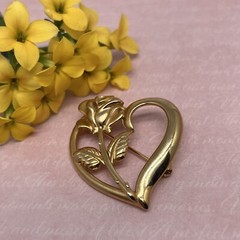 Vintage RDC Brushed Glossy Gold Tone Rose Heart 1 3/4” Brooch Pin 4859