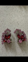 Vintage Juliana style Red Navette pink Chaton Rhinestone spray clip earrings