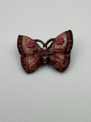Pink Red Rhinestone Beaded Bronze Colored Butterfly Pin Brooch Missing 1 Bead