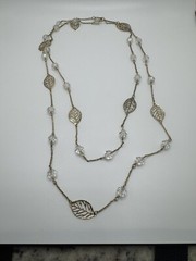 VINTAGE GOLD TONED CHAIN NECKLACE FILIGREE CLEAR BEADS EXTRA LONG
