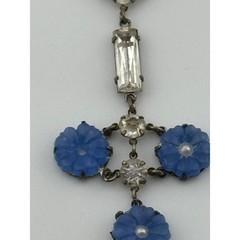 Antique Art Deco Rhinestone Flower Y Drop Necklace Silver Tone READ