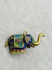 Vintage Cloisonne Elephant Charm Pendant Trunk Up Good Luck Chinese Enamel