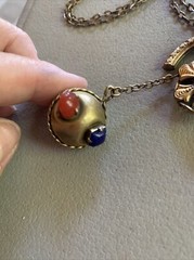 RARE Antique Brass CZECH Unique Necklace Tassel Stone Chatelaine Pulley Fob