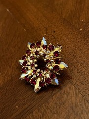 Vintage Austrian Red & Clear AB Rhinestone Floral Wreath Brooch Gold Tone Nice!