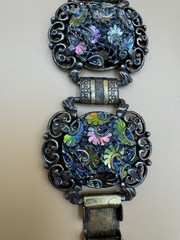 Vtg Judy Lee Peacock Carnival Art Glass Panel Bracelet Renaissance Revival