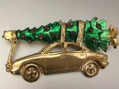 AJC Christmas Brooch Bringing Home the Tree with Car Gold Tone and Enamel