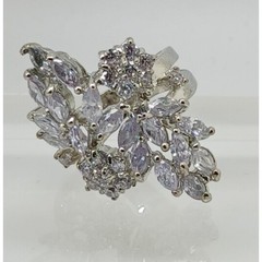 Vintage Silver Tone Marquise Cluster CZ Floral Statement Cocktail Ring Size 6.75