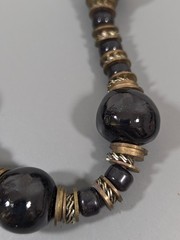 Vintage Black Ceramic Necklace Chunky Beads Bronze Tone Statement Tribal 25 in