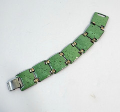 Vintage Enamel on Copper Bracelet Green Panel MCM Mid Century Modern 50s 6 3/4″
