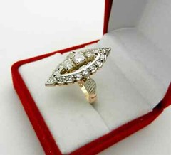 Vintage Solid 14k 585 Rose & White Gold Cluster Diamonds Navette Ring size 5.5