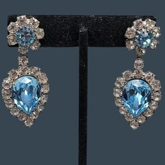Vintage Art Deco Baby Blue Clear Rhinestone Teardrop Dangle Post Earrings