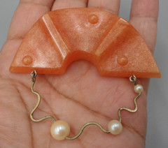 80s Art Deco Brooch Half Moon Sunburst Faux Pearl Peach Hard Resin Abstract